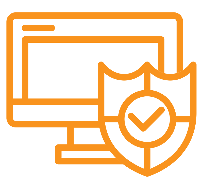 Secure web browsing icon showing a computer monitor with a shield and checkmark, representing online privacy and safe internet use.