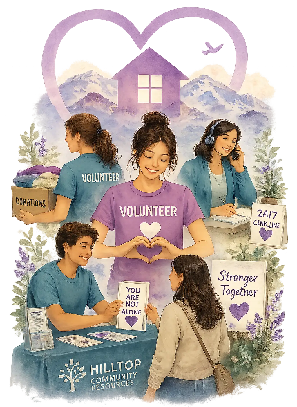 Ilustración de voluntarios de Latimer House participando en actividades de alcance comunitario, apoyo en crisis y organización de donaciones para sobrevivientes en el oeste de Colorado.