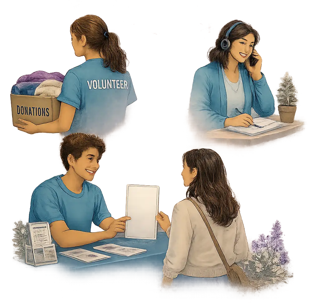 Illustration of Latimer House volunteers providing community outreach, crisis support, and donation assistance for survivors in western Colorado.